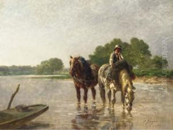 Working Horses Pausing For A Drink In A River Oil Painting by Charles Emile Jacques