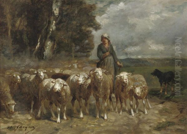 A Shepherdess And Her Flock Oil Painting by Charles Jacques