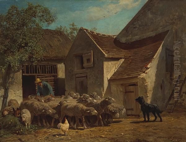 A Shepherd With His Flock Outside Farm Buildings Oil Painting by Charles Jacques