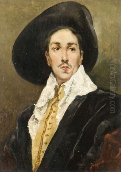 Portrait D'homme Au Chapeau Noir En Costume Du Xviie Siecle Oil Painting by Gustave Jean Jacquet