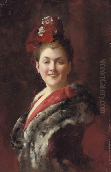 A Lady In A Fur-lined Cape Oil Painting by Gustave Jean Jacquet