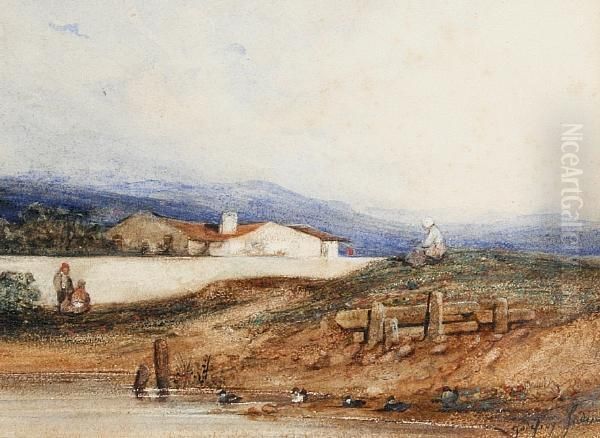 Figures By A Pond With Hills In Thedistance Oil Painting by Louis Godefroy Jadin