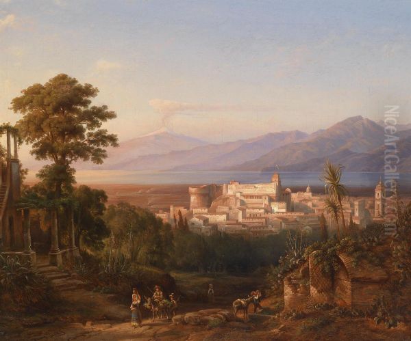 View Of The Castello
Aragonese Di Reggio Calabria And View Of Mount Etna Oil Painting by Heinrich Jaeckel