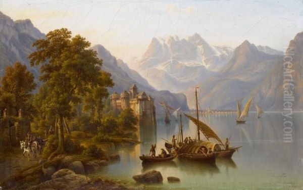 Ansicht Vom Genfer See Mit Schloss Chillon Oil Painting by Heinrich Jaeckel