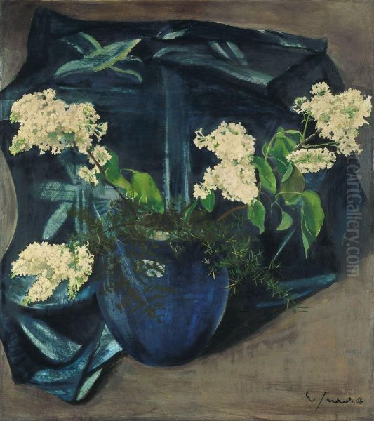 Stilleben Mit Weissem Flieder Inblauer Kugelvase Oil Painting by Willy Jaeckel