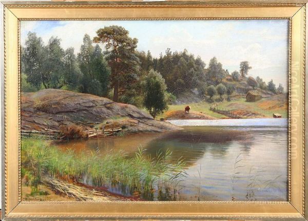 Insjo Med Kreatur Oil Painting by Carl Wilhelm Jaensson