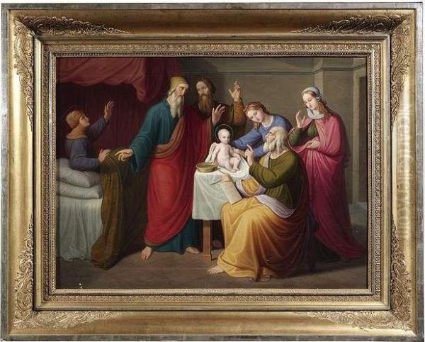 Nativity Of Saint John The Baptist. Maria, Elisabeth, Zacharias And Others Discussing The Child's Name Oil Painting by Gustav Jager