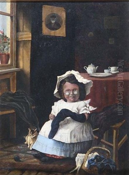 Girl Or Dwarf Darning A Stocking Oil Painting by J.C. Jago