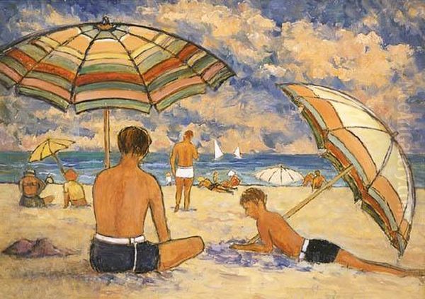 Beach Scene (possibly Cottesloe Beach) Oil Painting by Lionel Hornabrooke Jago