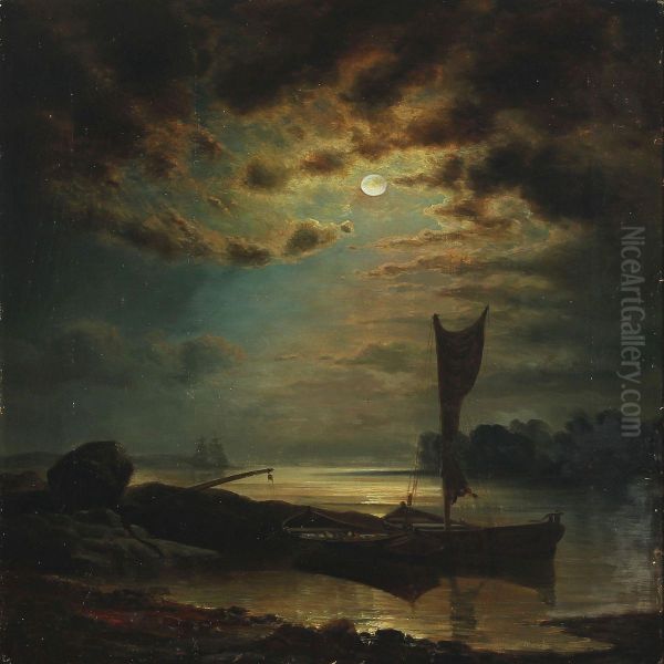 Seascape With Ships At Sea In The Moonlight Oil Painting by Hans Emil A. Jahn