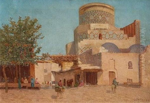 Middle Eastern Villagescene With Figures Oil Painting by Oskar Jahnke