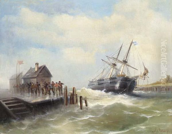 Figures On A Jetty Hauling In A Trading Brig In A Storm Oil Painting by Oskar Jahnke