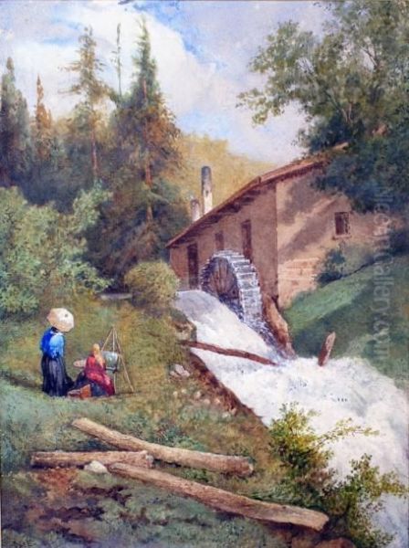 Environs De Berne, Peintre A Son Chevalet Devant Un Moulin A Eau Oil Painting by Ernest Jaime