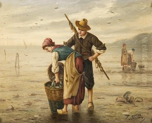 Young Couple Gathering Fish At Low Tide Oil Painting by Ville Jais-Nielsen