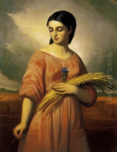 Young Girl With Wheat-ear Oil Painting by Karoly Jakobey