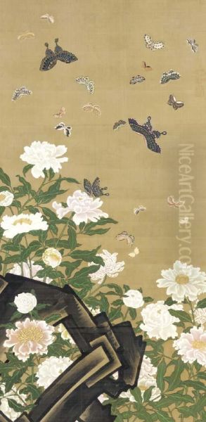 Butterflies And Peonies Oil Painting by Ito Jakuchu