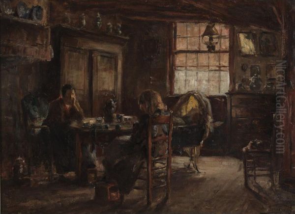 A Mother And Her Children In A Cottage Interior Oil Painting by Armand Jamar