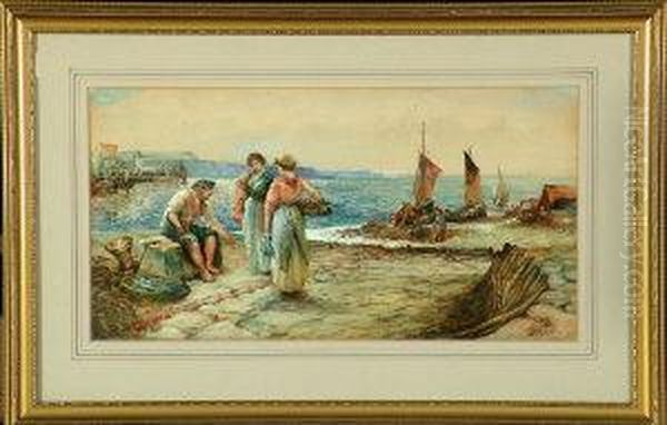 Fisherfolk On A Scottish Quayside Oil Painting by Alexander James