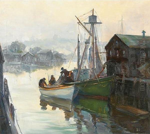 Fisherman Unloading The Day's Catch Oil Painting by Alice James