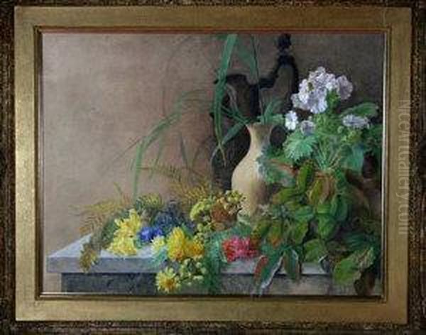 A Still-life Study Of Plants And Flowers On A Shelf Oil Painting by Charlotte James