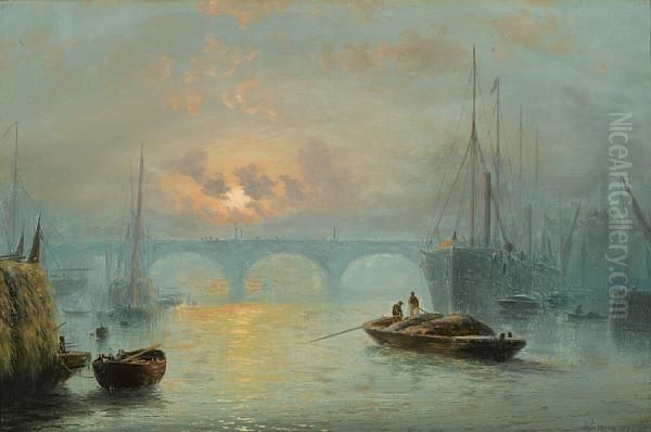 A View Of The Thames At Sunset Oil Painting by David James