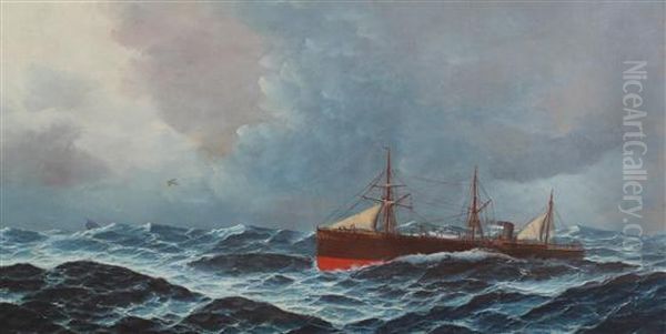 Steamship In A Rough Sea Oil Painting by David James