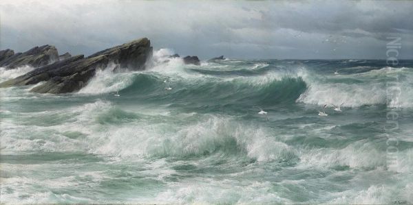 Waves Breaking On A Rocky Coast Oil Painting by David James