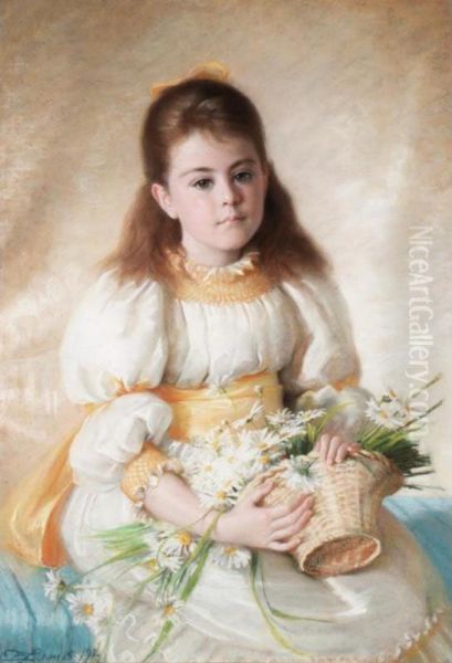 Portrait Of A Girl With A Basket Of Flowers Oil Painting by Edith Augusta James