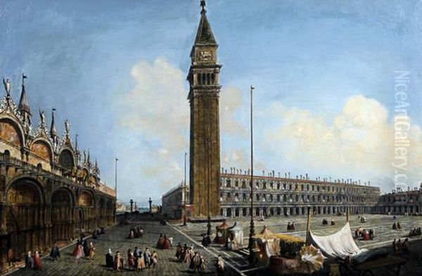 Piazza San Marco, Venice, With Figures Gathering Before St Mark's Cathedral Oil Painting by William James