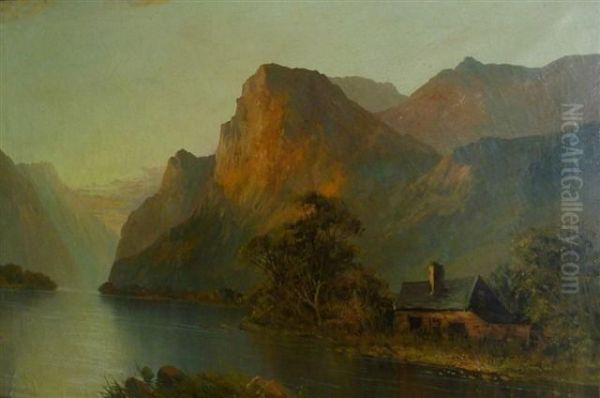 A Loch And Highland Landscape With A Cottage At Sunset Oil Painting by Frank E. Jameson