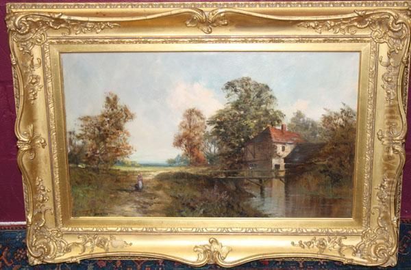 Figure Walking In A Country Lane Beside A Cottage Andpond Oil Painting by F.E. Jamieson