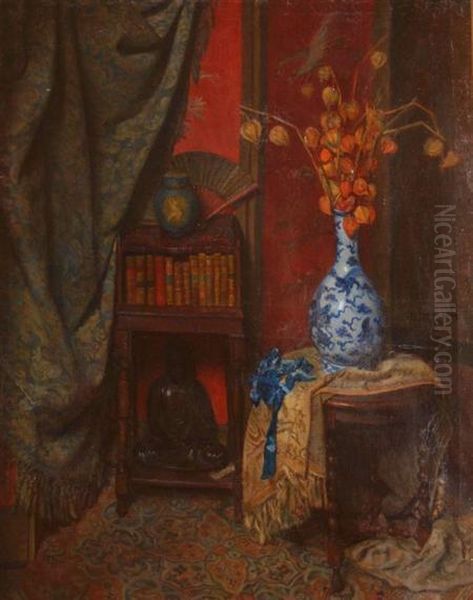 Still Life With Asian Props Oil Painting by Georges Jamotte