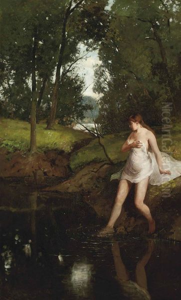 Bathing In A Forest Lake Oil Painting by Gerard Jan Bos