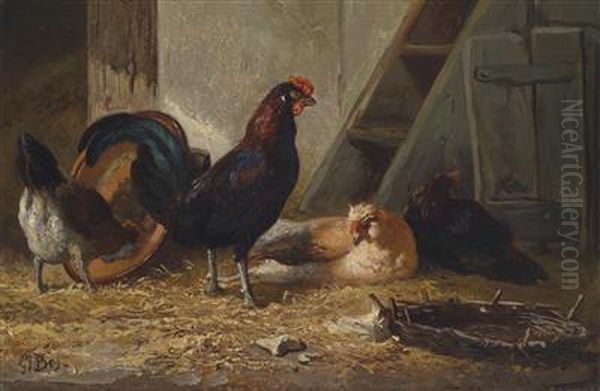 Chickens In The Barn Oil Painting by Gerard Jan Bos