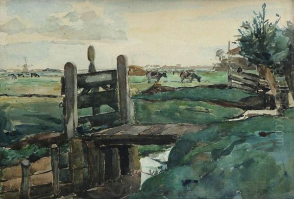 Polderlandschap Met Sluisje En Koeien In De Weide Oil Painting by Willem Jan Steenhof