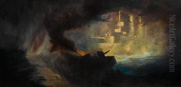 Battle Scene At Night. Oil Painting by Frederick T. Jane