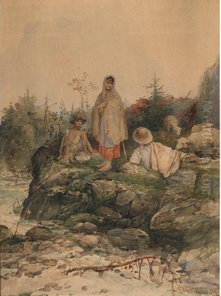 Young Sheep Herders Resting On A Rocky Shore Oil Painting by Czeslaw Boris Jankowski