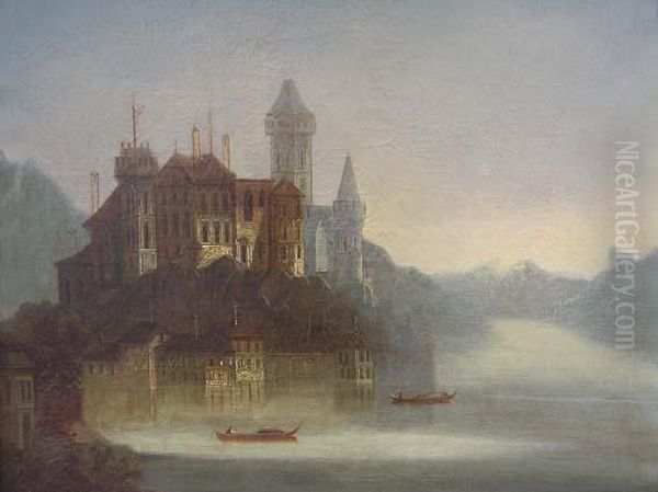 Chateau Au Bord D'un Fleuve Oil Painting by J. Wilhelm Jankowski