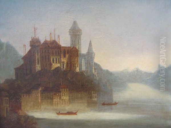 Chateau Au Bord D'un Fl Euve Oil Painting by J. Wilhelm Jankowski