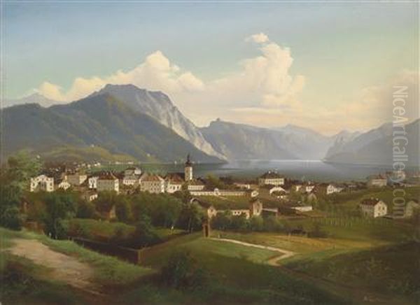 View Of Gmunden And Schlos Orth On Traunsee Oil Painting by J. Wilhelm Jankowsky