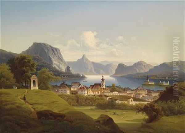 View Of Gmunden With Schloss Orth In Thebackground Oil Painting by J. Wilhelm Jankowsky