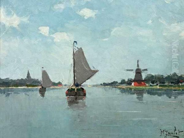 Bateaux Pres De Dordrech Oil Painting by Henri Janlet