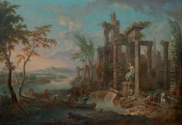 Pecheurs Dans Un Paysage De Ruines Antiques Oil Painting by Franz Christoph Janneck