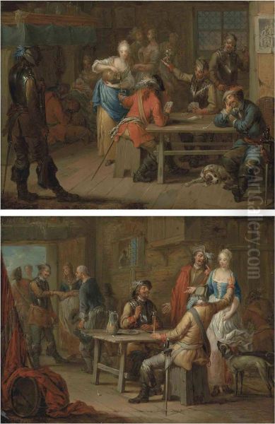 Soldiers Playing Cards In An Inn; And Soldiers Merrymaking In Aninn Oil Painting by Franz Christoph Janneck