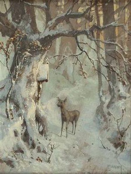 Nachtlicher Winterwald Mit Forsterhaus Und Zwei Rehen by Georg Janny