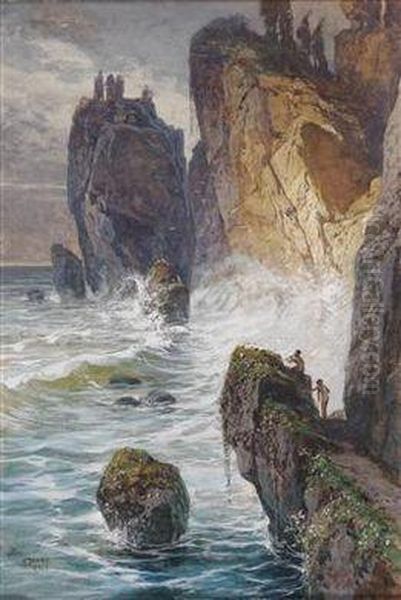 A Mythological Motif With A Faun At Rocky Coast Oil Painting by Georg Janny