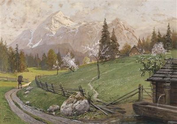 A Spring Motif: Groser Buchstein - Hochscheibenalm Oil Painting by Georg Janny