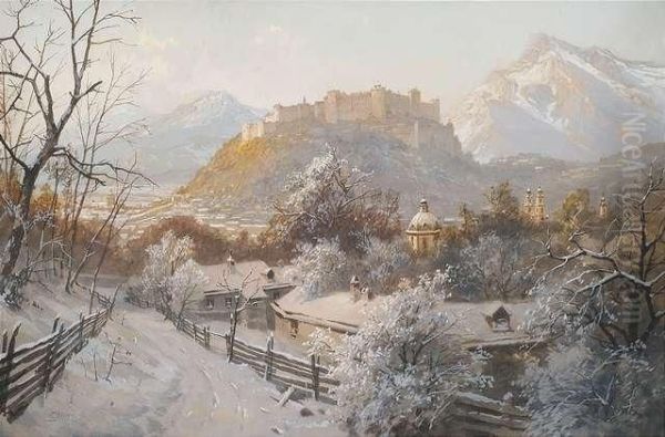 View From Hilltop Tosalzburg In Winter. Oil Painting by Georg Janny