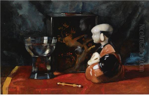 A Still Life Of A Chinese Doll, A Can And A Glass On A Table Oil Painting by Sophie Jacoba Wilhelmina Jansen Grothe