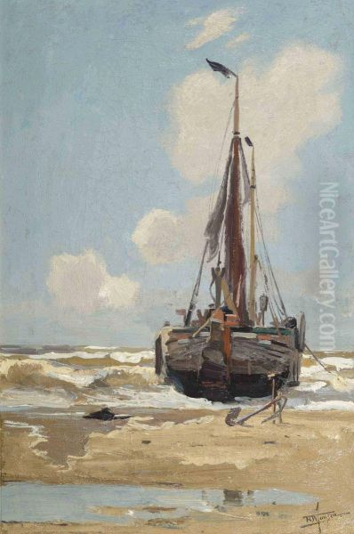 A Moored Fishingvessel Oil Painting by Hendrik Willebrord Jansen